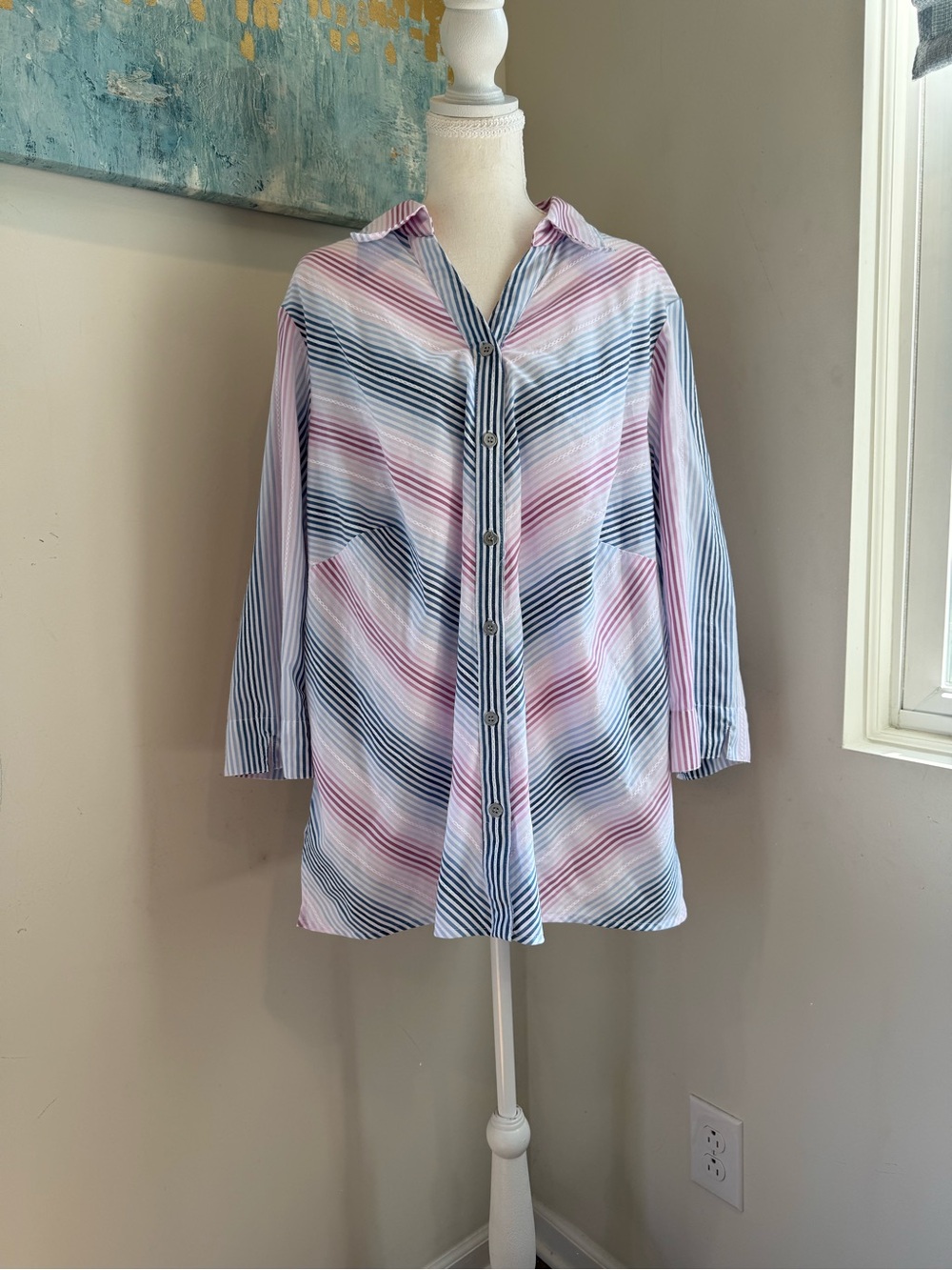 Alfred Dunner Striped Button-Front Shirt in Blue and Pink 1X